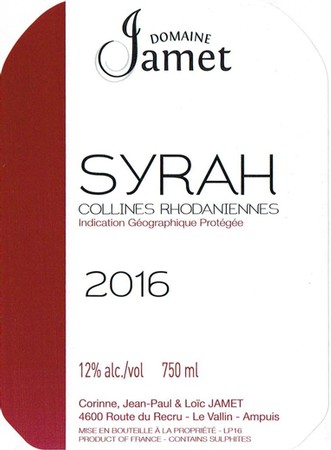 Jamet Syrah Collines Rhodaniennes IGP 2016