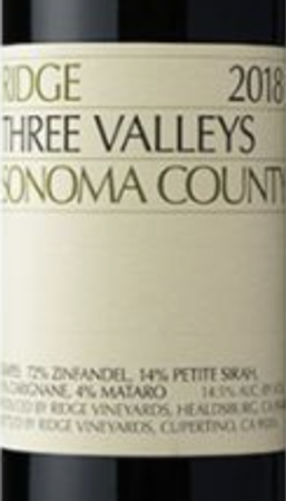 Ridge Zinfandel Three Valleys Sonoma Coast 2018