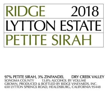 Ridge Lytton Estate Petite Sirah 2018