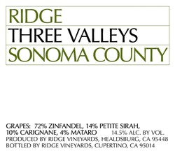 Ridge Zinfandel Three Valleys Sonoma Coast 2020